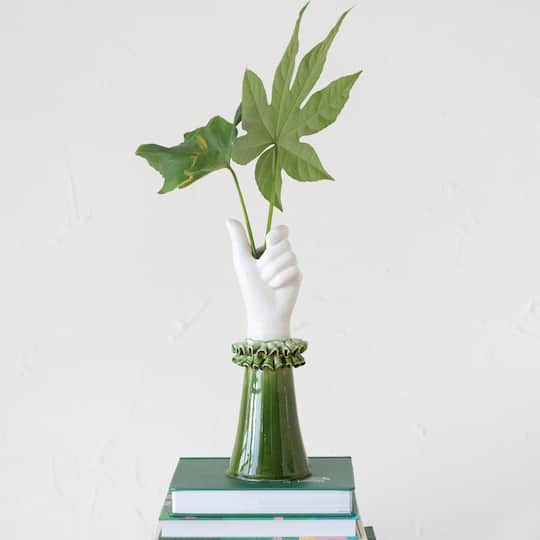 Hello Honey® 12" Green & White Stoneware Hand Vase with Ruffled Shirt Sleeve